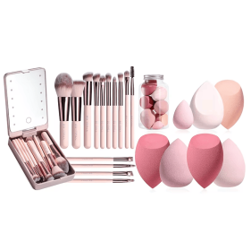 Makeup Brushes With Case Set Portable LED Mirror Makeup Jewelry Storage Case Travel Makeup Tool Kits (Color: 4set)