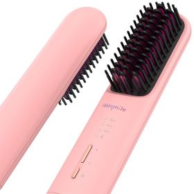 Portable USB Rechargeable Cordless Men Beard Hair Straightener Brush Mini Wireless 2 In 1 Woman Hair Straightener Comb (Color: Pink)