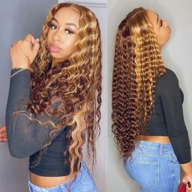 13x6 Curly Human Hair Wig Honey Blonde Ombre 13x4 Brazilian Brown Color Deep Water Wave Hd Frontal Highlight Bob Lace Front Wigs (Hair Color: 13X6 Lace wig, Stretched Length: 22INCHES)