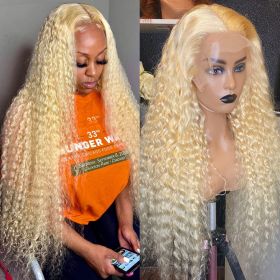 13x4 13x6 Hd Lace 613 Deep Wave Frontal Wig Human Hair 180% Brazilian Water Curly Honey Blonde Wig For Black Women Preplucked (Stretched Length, Density: 30inches, 180 density, Color: 13x6 Hd Lace Wig)