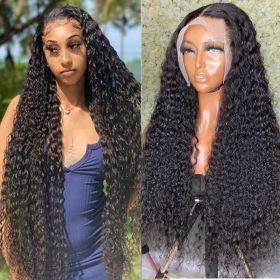 13x6 Deep Wave Frontal Wig Brazilian 5x5 Closure HD Wet and Wavy Lace Front Wig Water Wave Curly Human Hair Wigs For Women (Color: 13x6 Lace Wig, Stretched Length: 10inches)